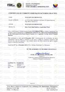 UPDATED FDA GOOD MANUFACTURING CERTIFICATE