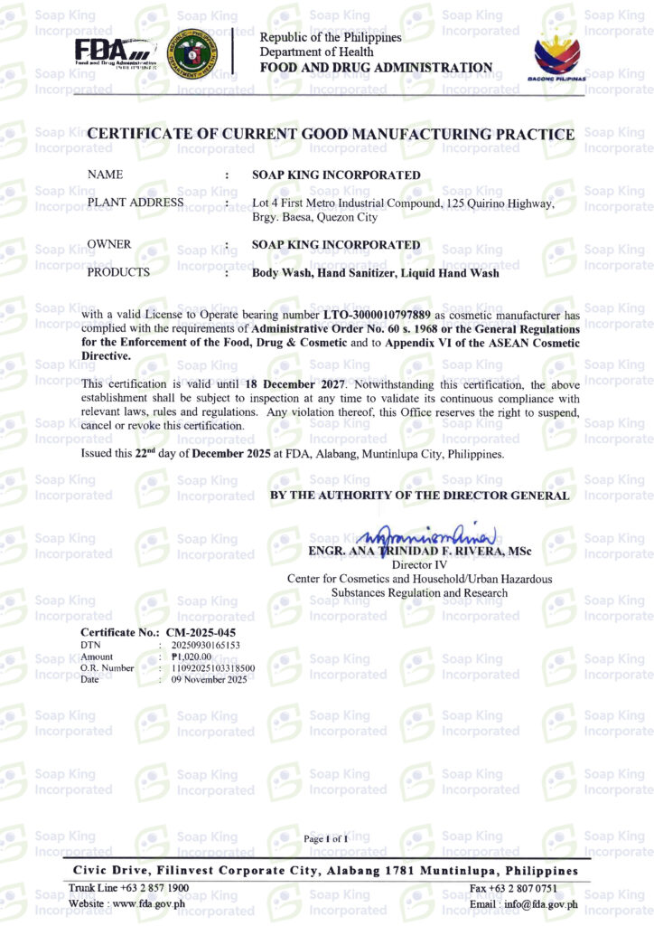 UPDATED FDA GOOD MANUFACTURING CERTIFICATE
